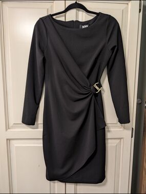 DKNY Black Long-Sleeve Draped Sheath Dress NWT